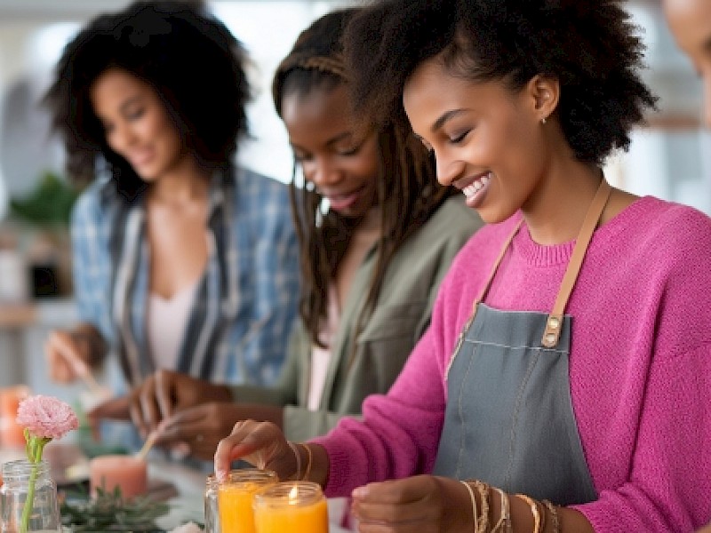 A group of women in aprons in a kitchen prepare drinks and mix ingredients at a counter, smiling while working together.